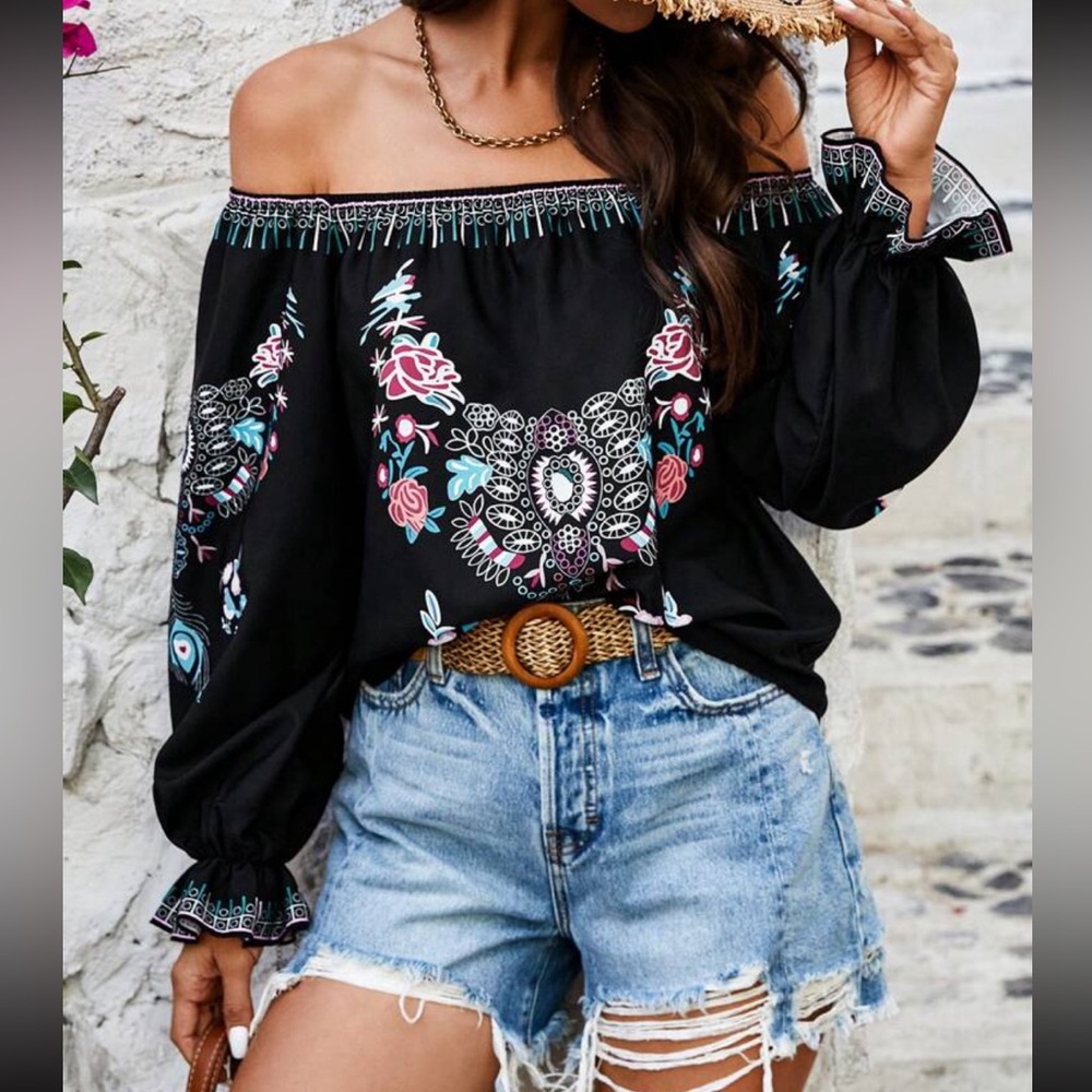 Black Floral Paisley Print Off Shoulder Top Blouse Shirt